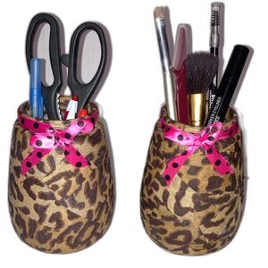 Makeup Brush Hair Brush Pen Pencil Display Cheetah Leopard Storage Jars Set of 2